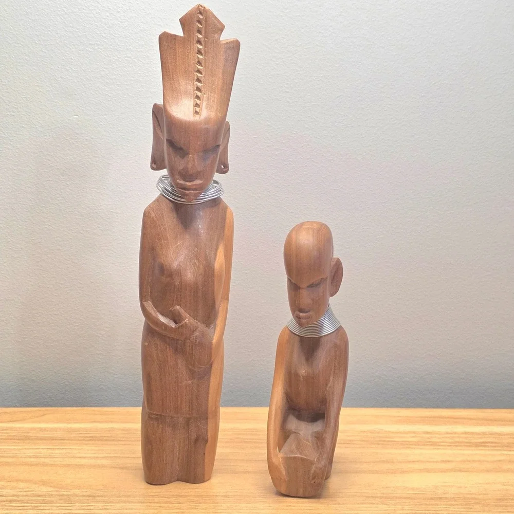 Two Hand Carved Wood Figures‎ African Tribal Statue Set